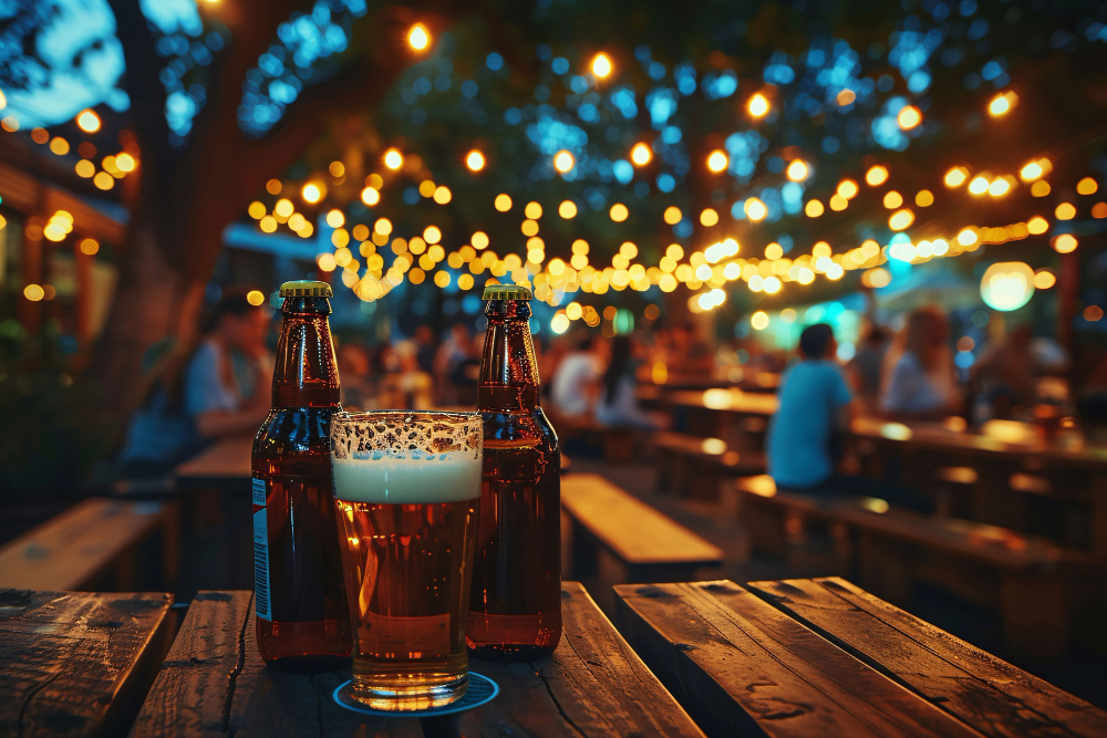 A close-up of beers on a wooden table overlooking the warm, festive lights of a busy outdoor bar patio.