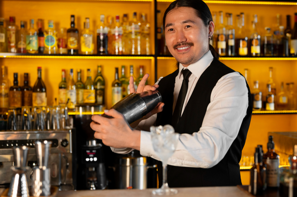 A professional mixologist demonstrating excellent service and a hospitable demeanor behind a bar.