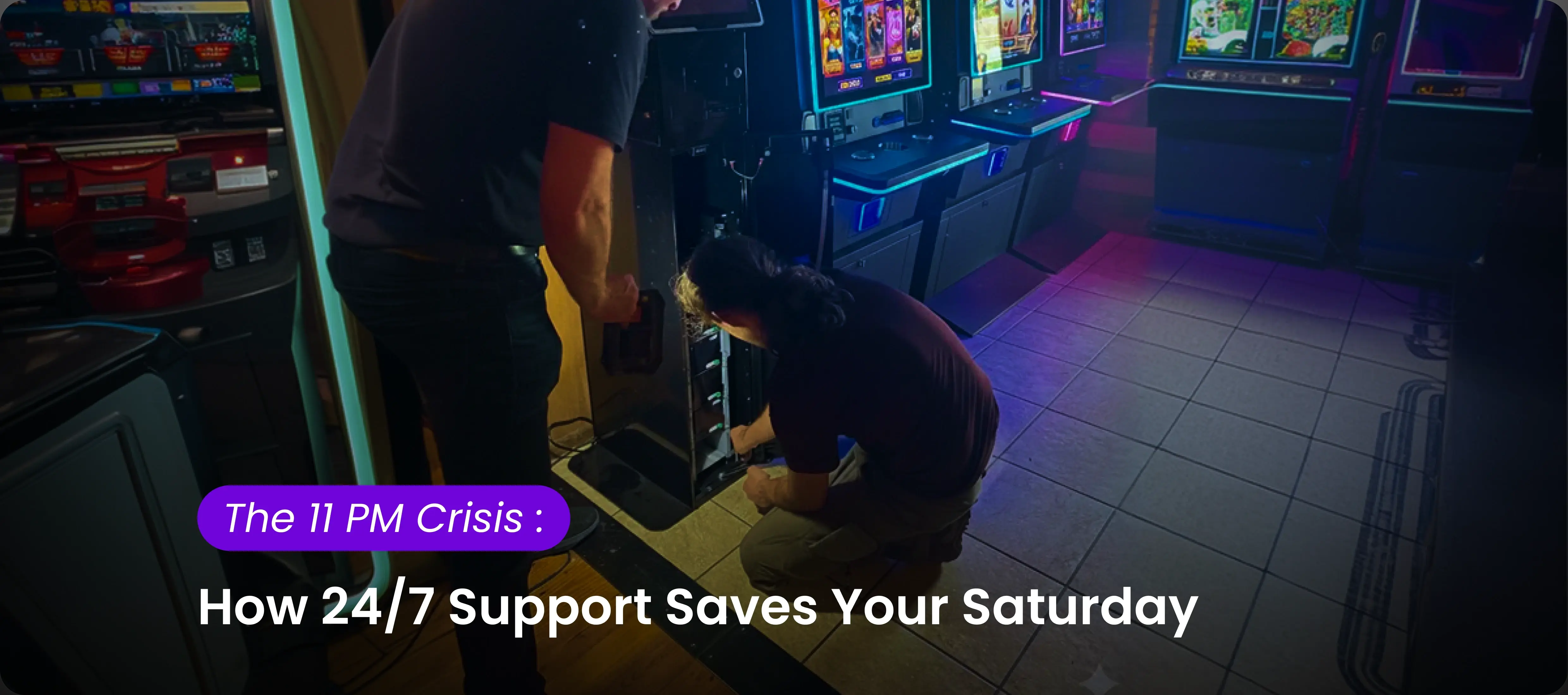 Two technicians performing proactive onsite maintenance on a skill machine cabinet in a Texas bar.