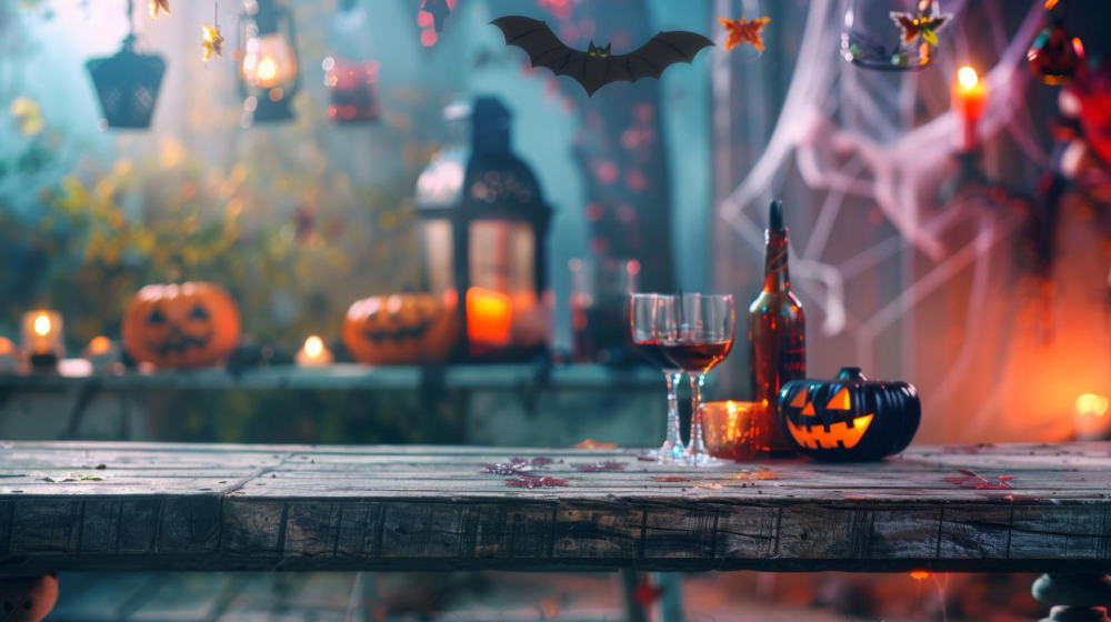 The setup for a unique Halloween bar experience, showing a table with drinks surrounded by soft, spooky lighting and decorations.