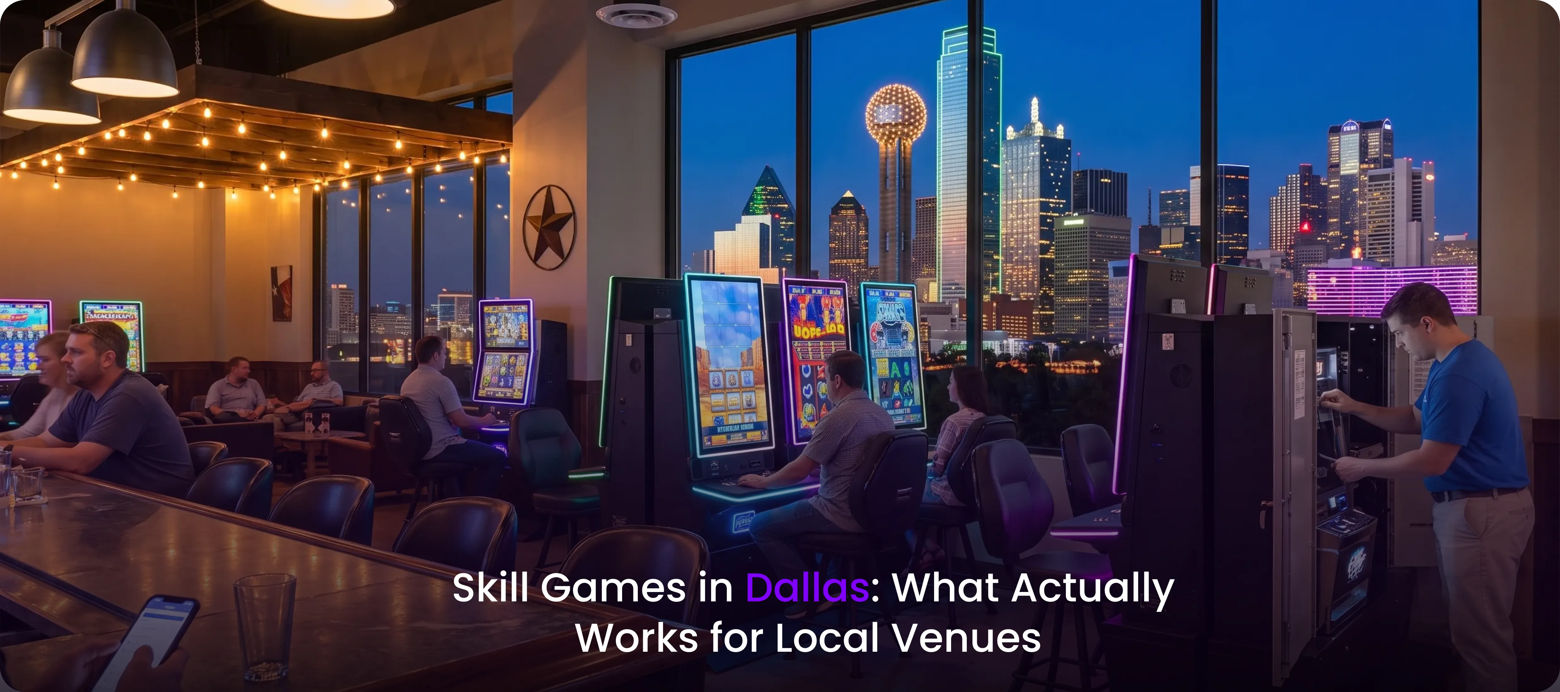 Vertical skill game machine cabinets glow blue and purple inside a Dallas bar overlooking the city skyline at night