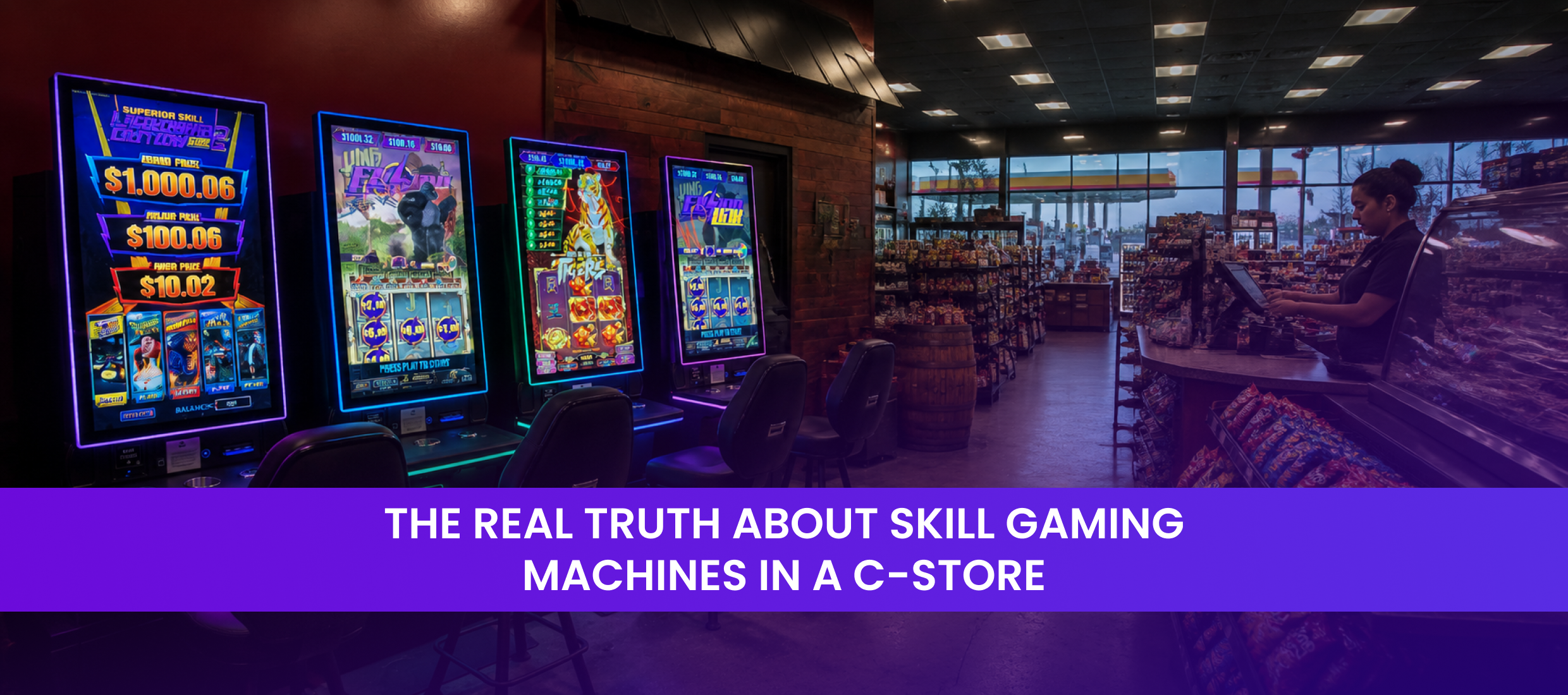 Four vertical skill gaming machine cabinets lined up along a wall inside a busy Texas convenience store