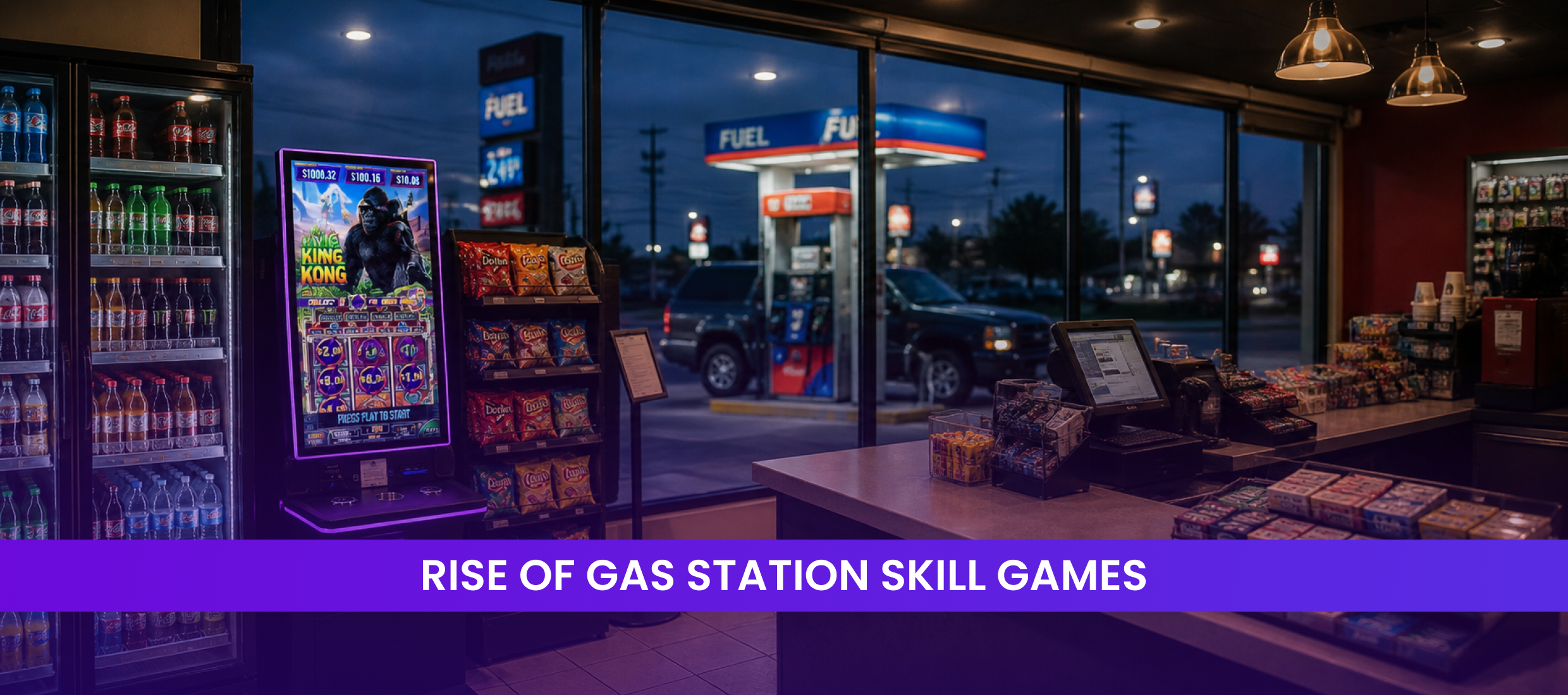 Gas station skill games cabinet beside snacks in a Texas store