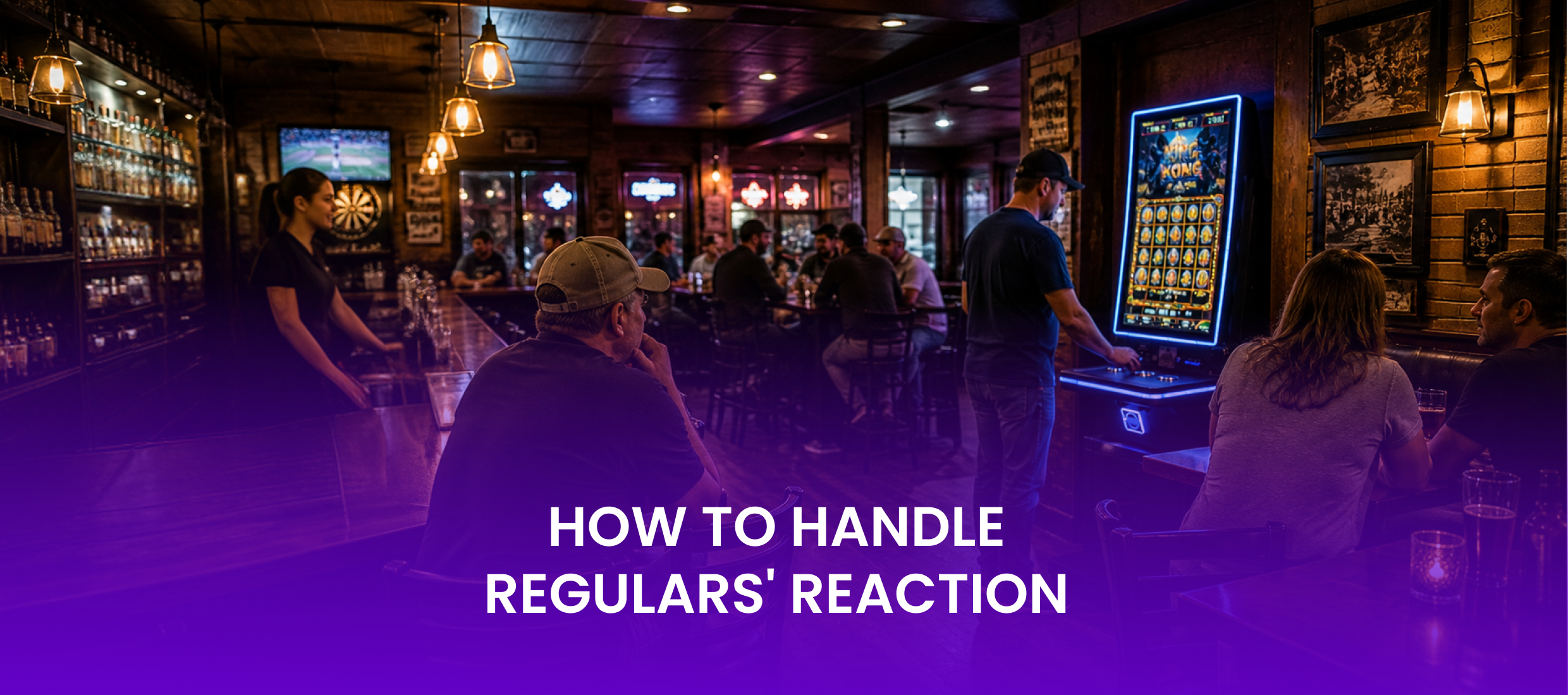 Regulars’ reaction to a skill game machine in a dive bar, with staff and patrons nearby