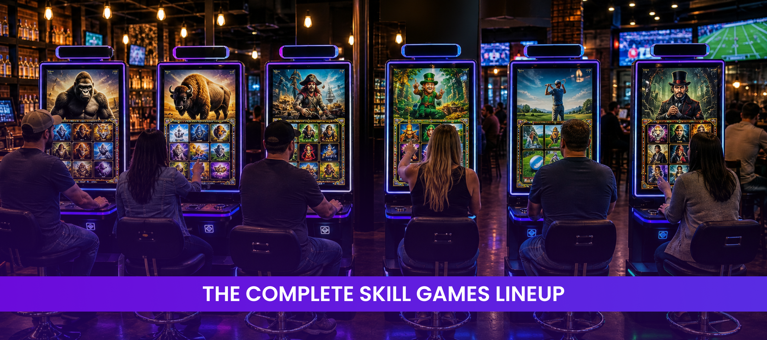 Skill games lineup: twelve game sets with different themes, from buffalo and gorilla to golf