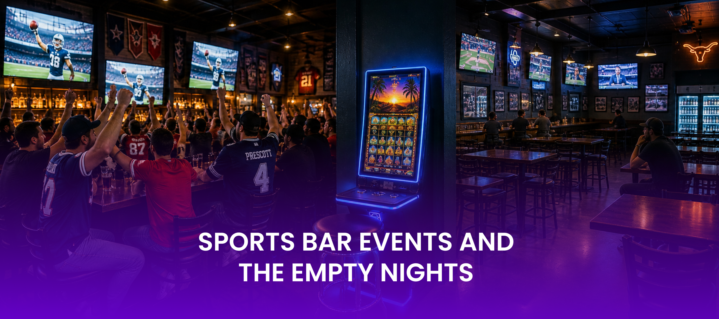 Sports bar events: a packed game night and an empty weeknight with a skill game machine between