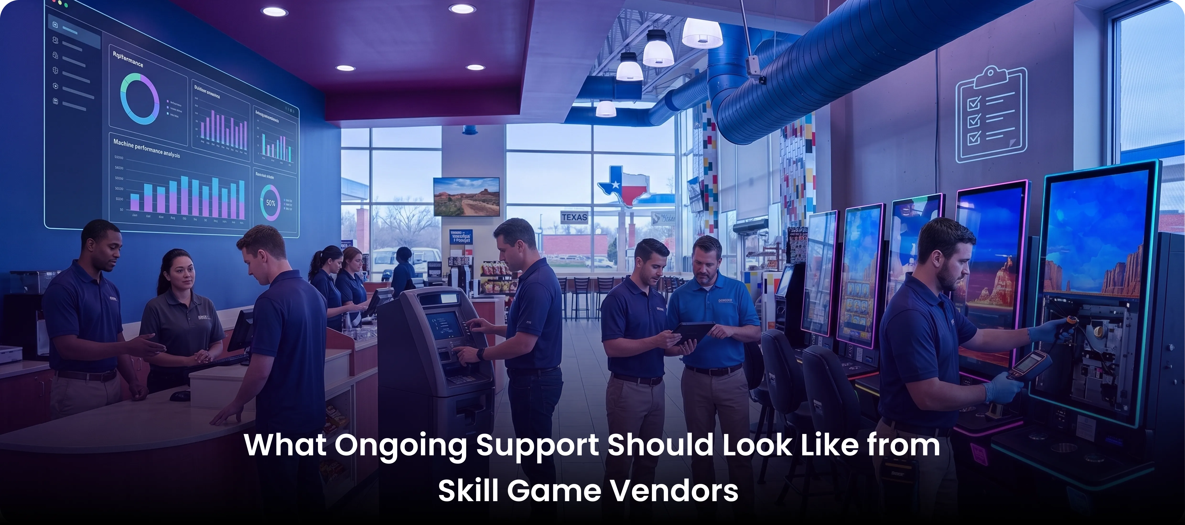 Professional route technicians servicing skill game machine cabinets in a bright retail venue.
