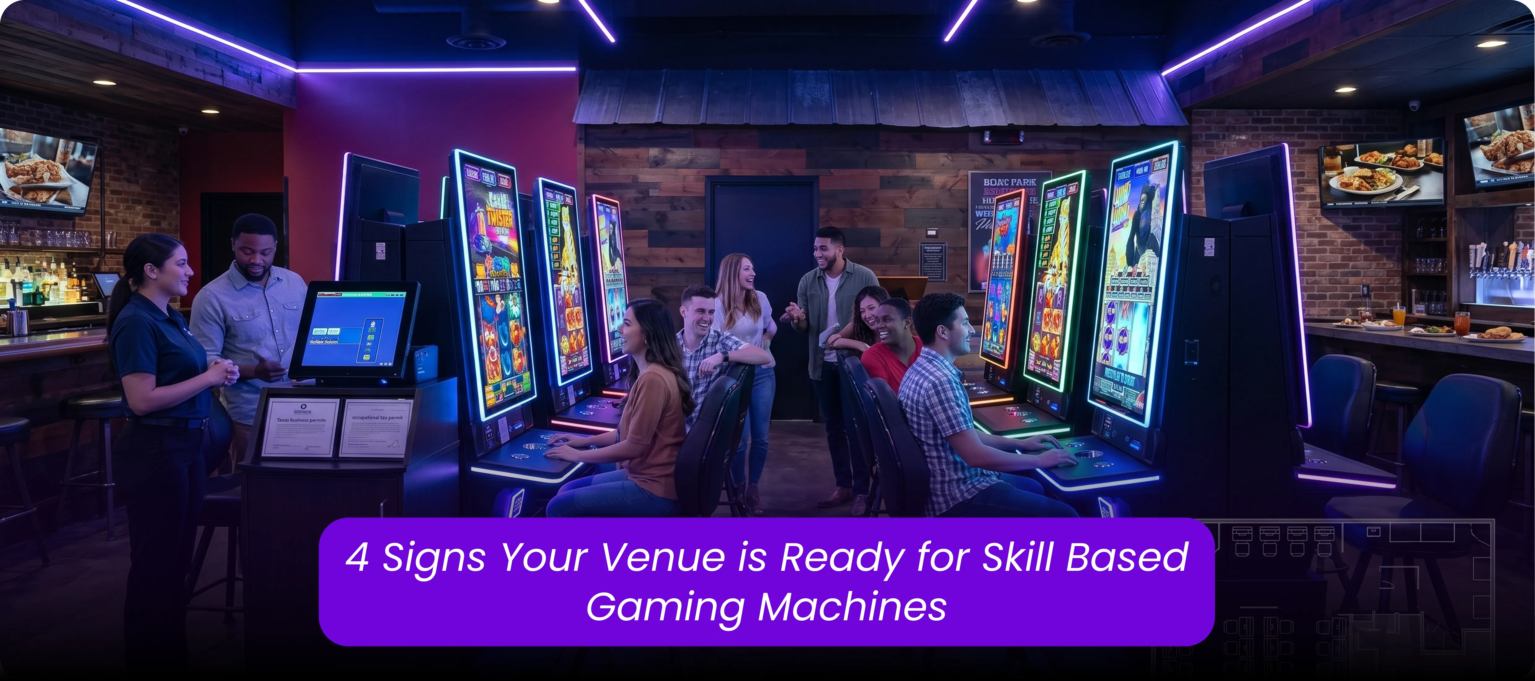 Patrons playing skill based gaming machines inside a modern Texas bar layout.