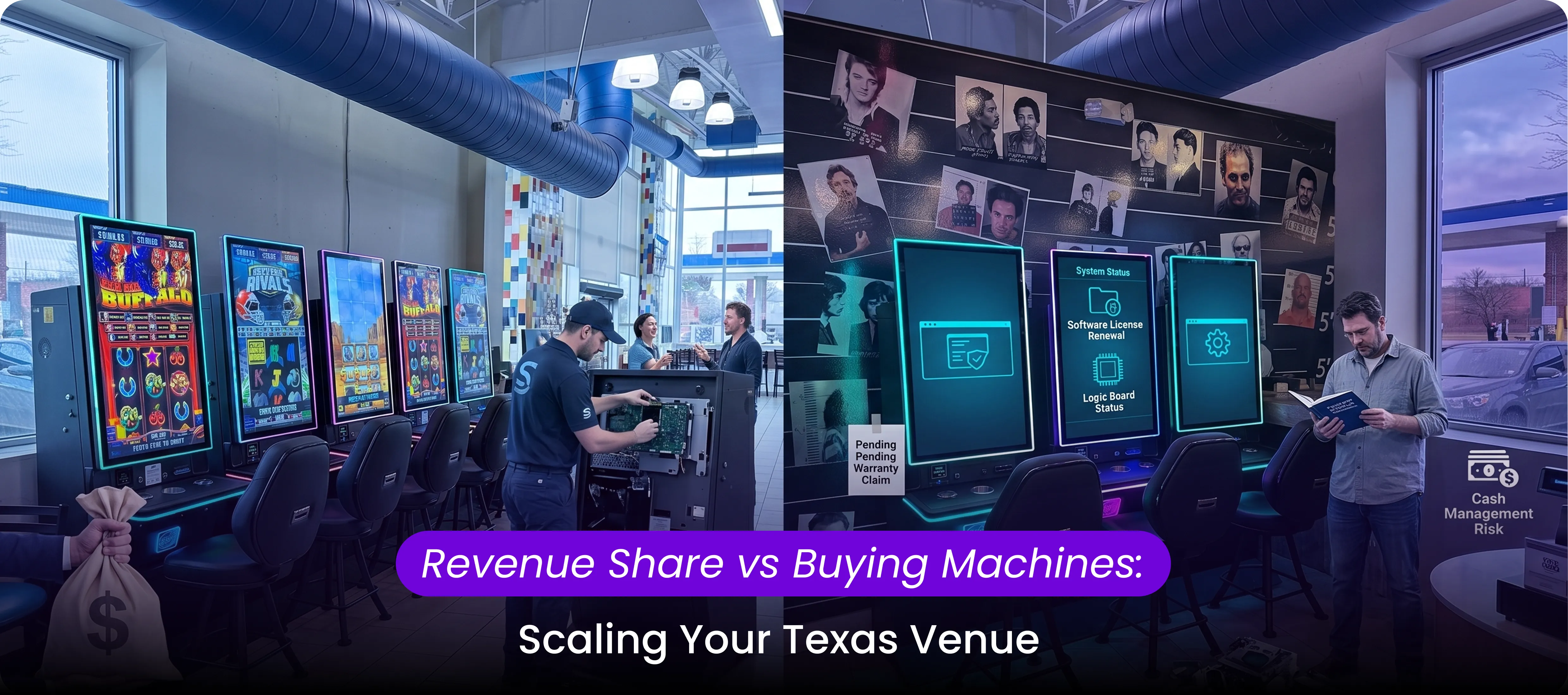 Comparison of going with revenue sharing or buying machines for texas venue