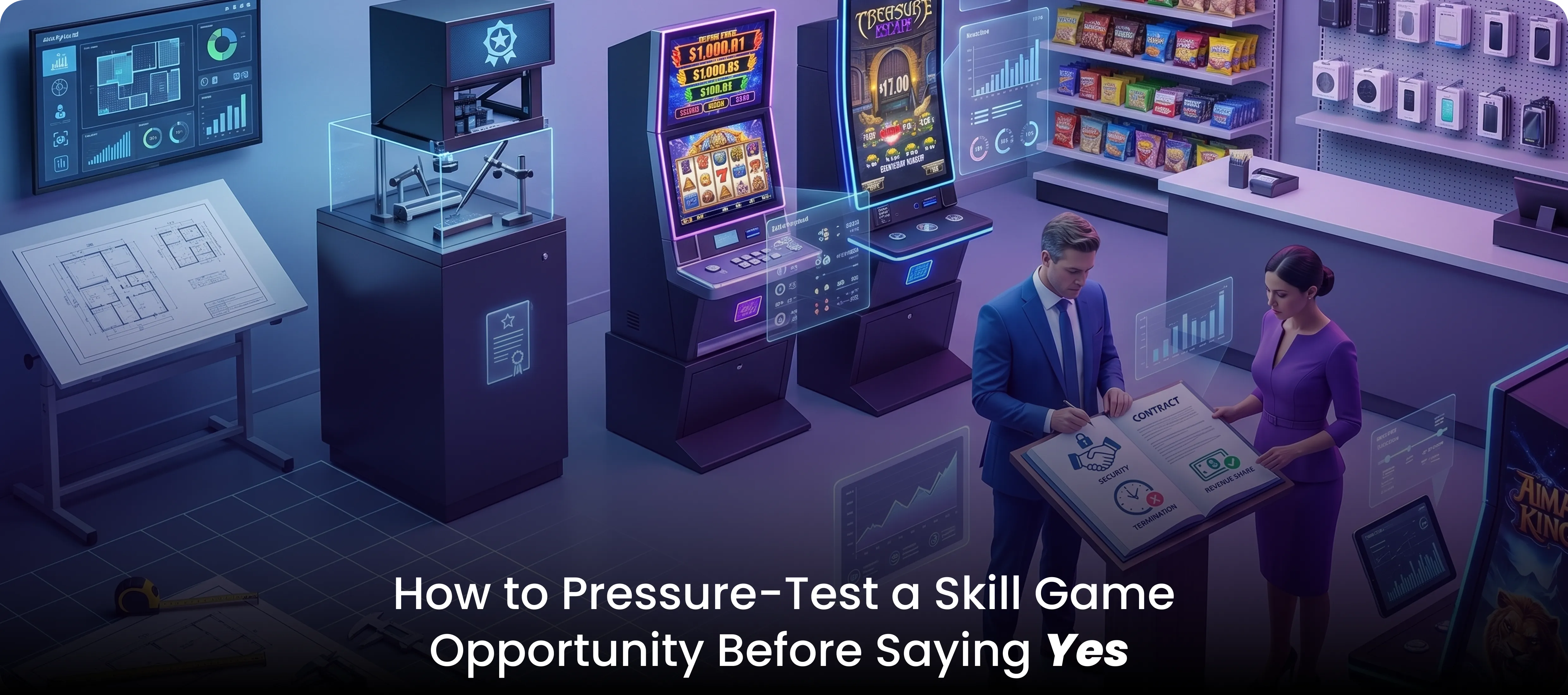 Texas business owner and operator reviewing a skill gaming machines contract with venue floor plan and machine cabinets nearby