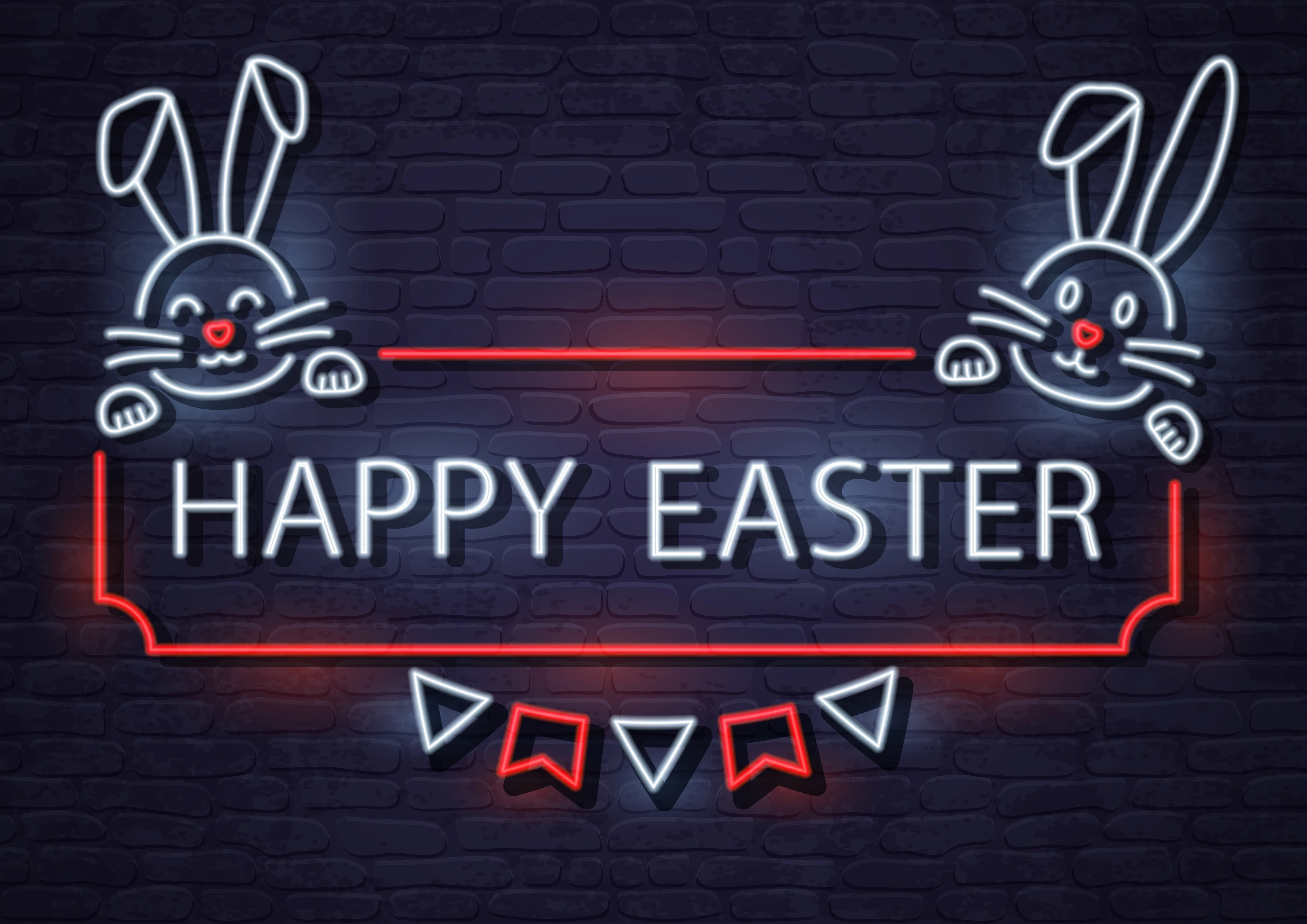 Vibrant neon Happy Easter sign with bunny ears on a dark brick wall in a Texas bar setting.