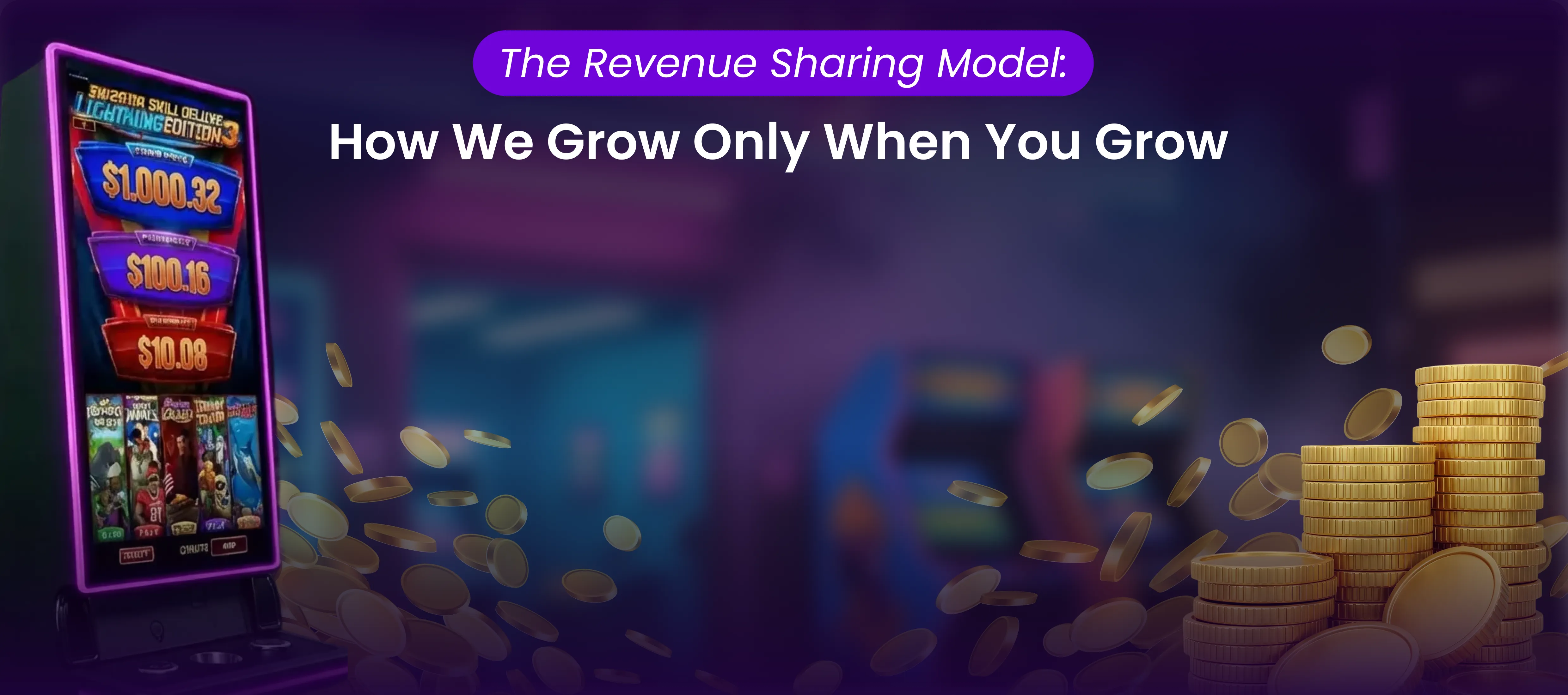 Premium skill game cabinet with stacks of gold coins depicting a Texas revenue-sharing agreement.