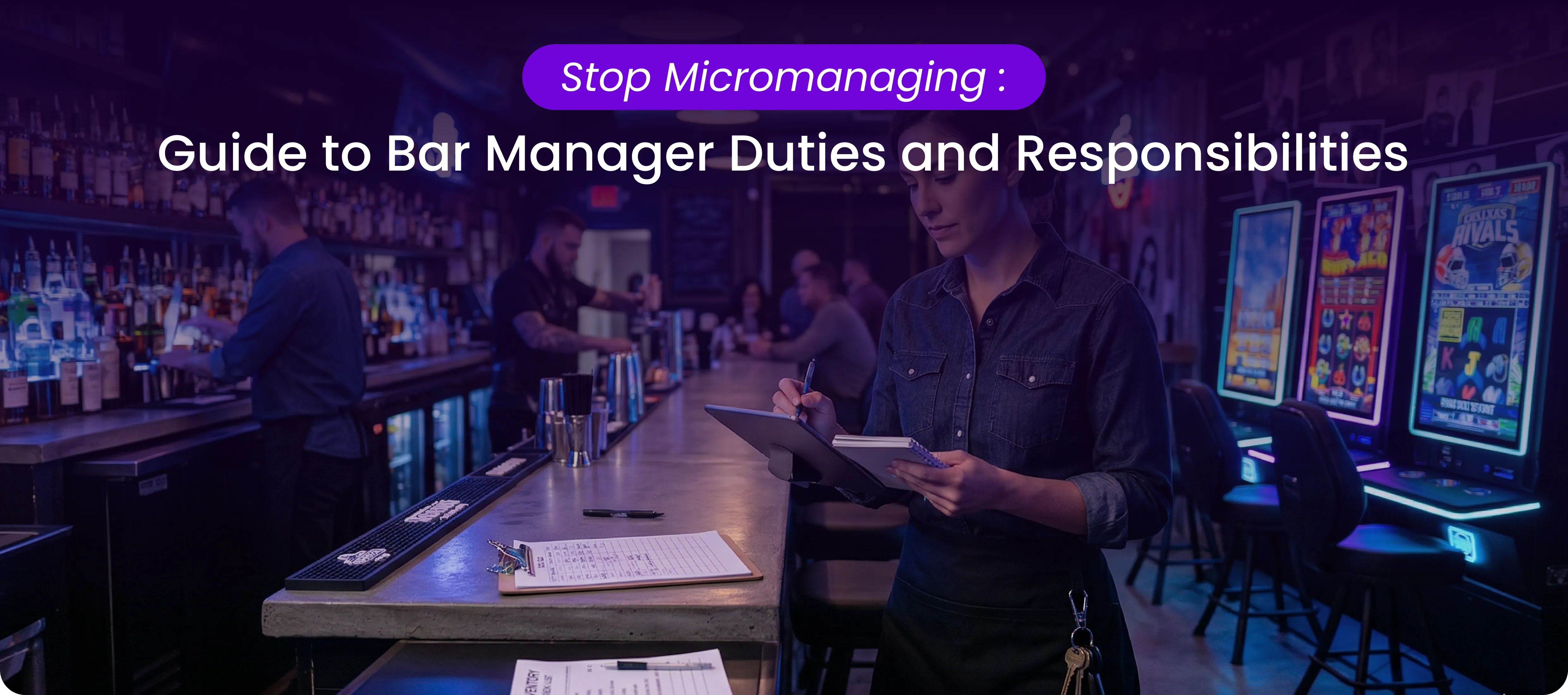 Female Texas bar manager using tablet and clipboard to manage venue operations and skill games.