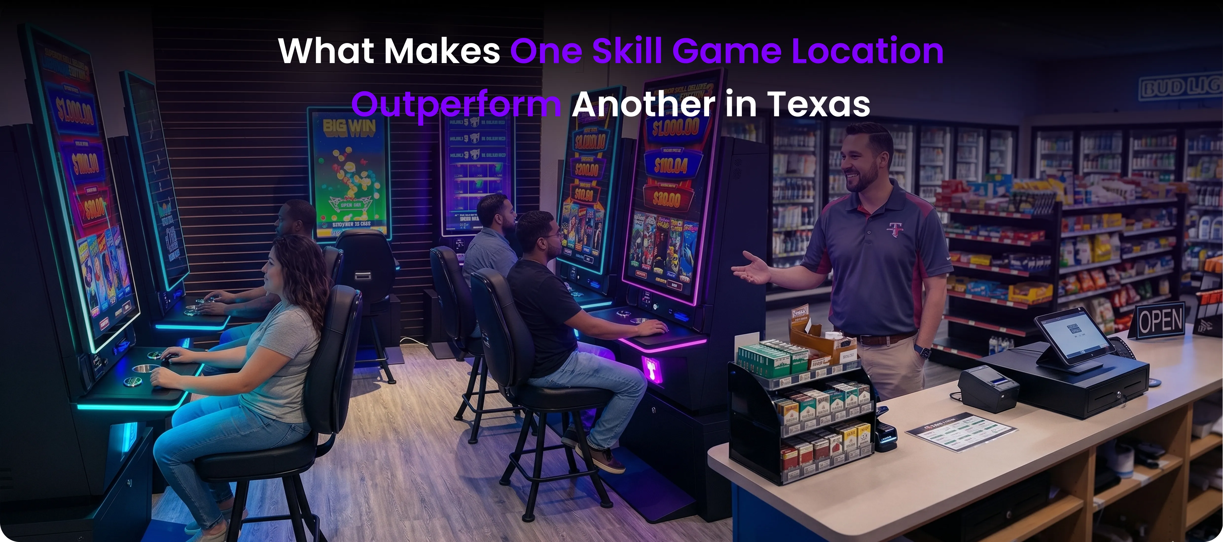 A brightly lit row of modern skill game cabinets in a clean Texas convenience store with players seated and a friendly staff member standing nearby.