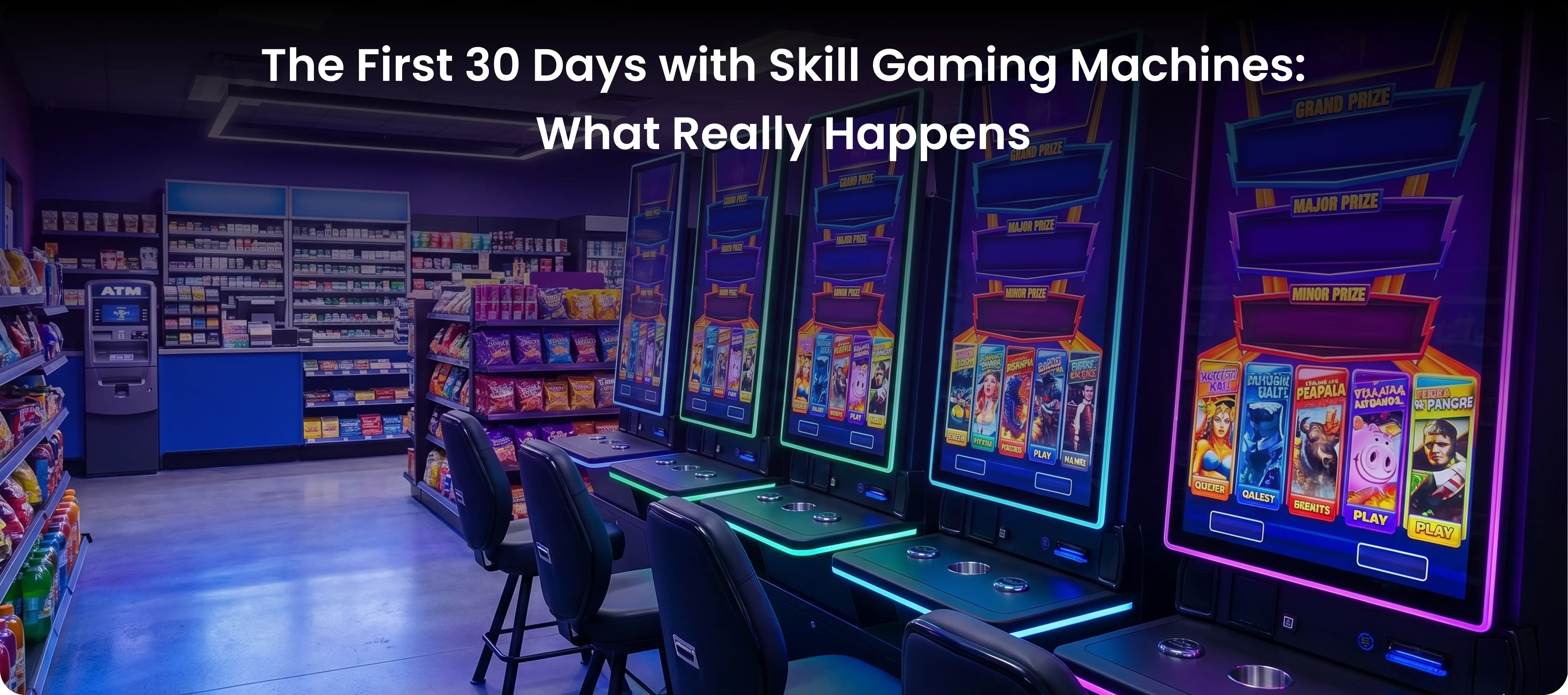 Row of vibrant skill gaming machines featuring colorful digital displays in a modern Texas retail location.
